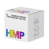 40mm Grinder (Rainbow) packaging box with colorful text and a cylinder drawing, highlighting its compact, 4-piece design for on-the-go grinding.