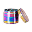 40mm Grinder (Rainbow) featuring a metal construction, magnetic lid, holding chamber, and kief catch, designed for portable grinding convenience.