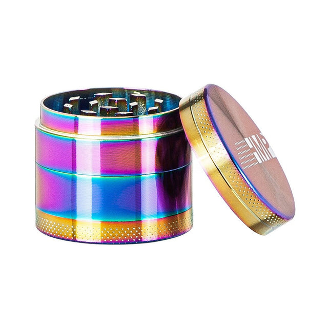 40mm Grinder (Rainbow) featuring a metal construction, magnetic lid, holding chamber, and kief catch, designed for portable grinding convenience.