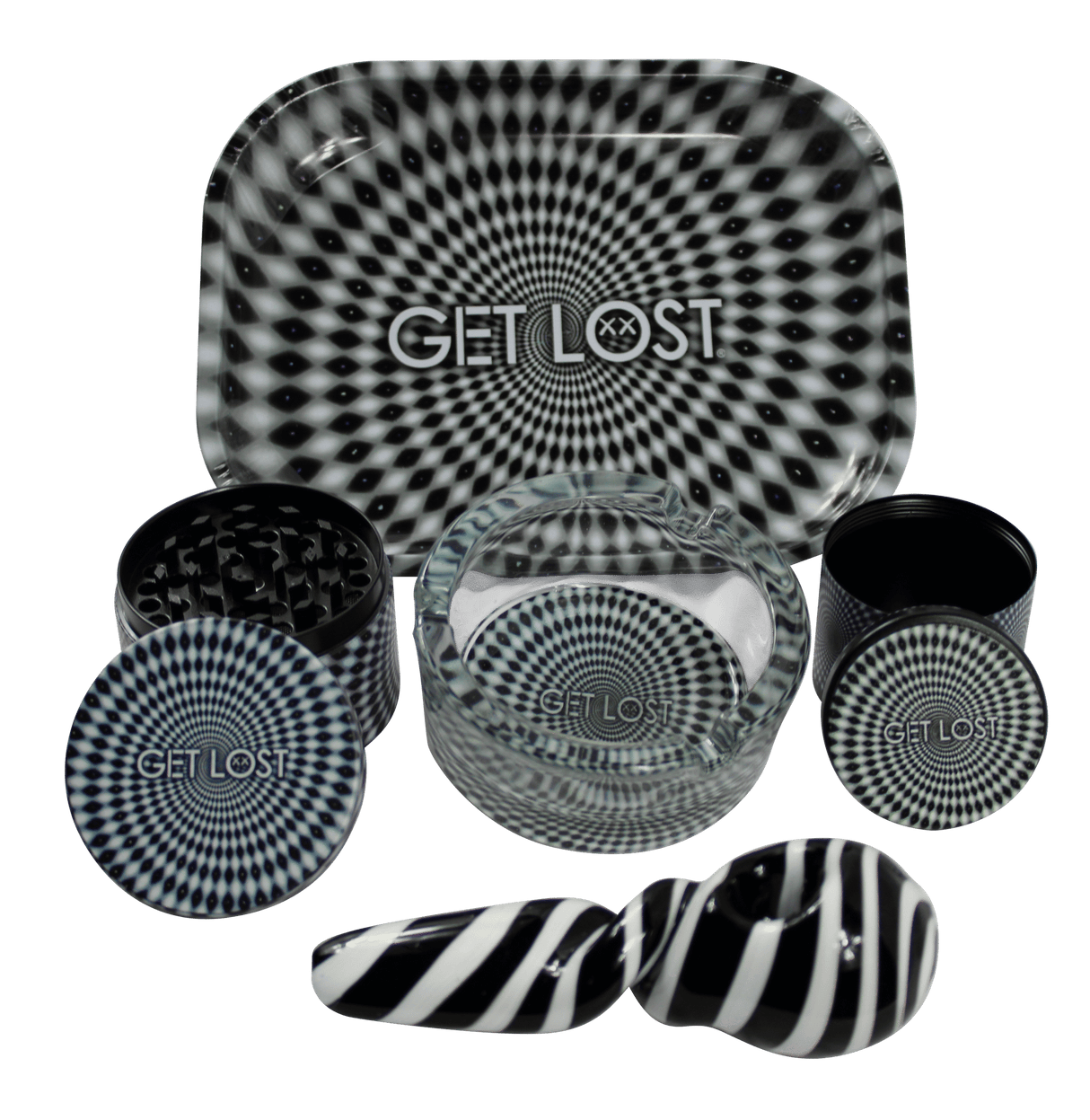 Hand Pipe Gift Set 5 in 1 - Black and White Swirl featuring a rolling tray, grinder, storage jar, ashtray, and two hand pipes with optical-illusion design.