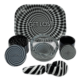 Hand Pipe Gift Set 5 in 1 - Black and White Swirl featuring a rolling tray, grinder, storage jar, ashtray, and two hand pipes with optical-illusion design.