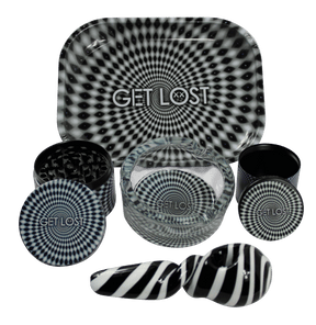 Hand Pipe Gift Set 5 in 1 - Black and White Swirl featuring a rolling tray, grinder, storage jar, ashtray, and two hand pipes with optical-illusion design.