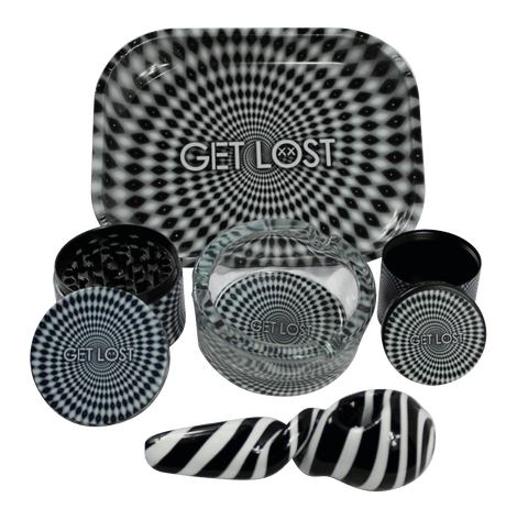 Hand Pipe Gift Set 5 in 1 - Black and White Swirl featuring a rolling tray, grinder, storage jar, ashtray, and two hand pipes with optical-illusion design.