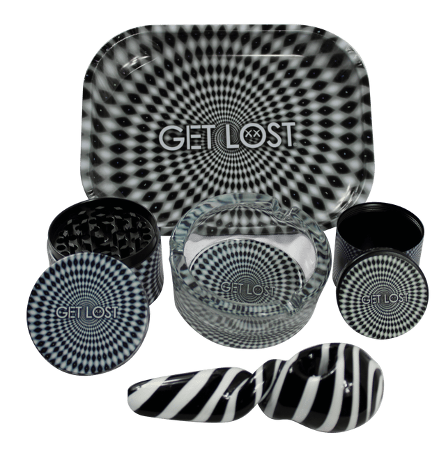 Hand Pipe Gift Set 5 in 1 - Black and White Swirl featuring a rolling tray, grinder, storage jar, ashtray, and two hand pipes with optical-illusion design.