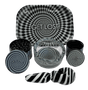 Hand Pipe Gift Set 5 in 1 - Black and White Swirl featuring a rolling tray, grinder, storage jar, ashtray, and two hand pipes with optical-illusion design.