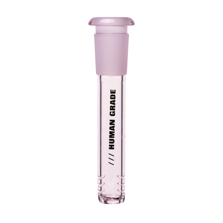 Pink-tinted glass downstem with HUMAN GRADE branding, featuring slits for bubbling, designed for 14mm water pipes.