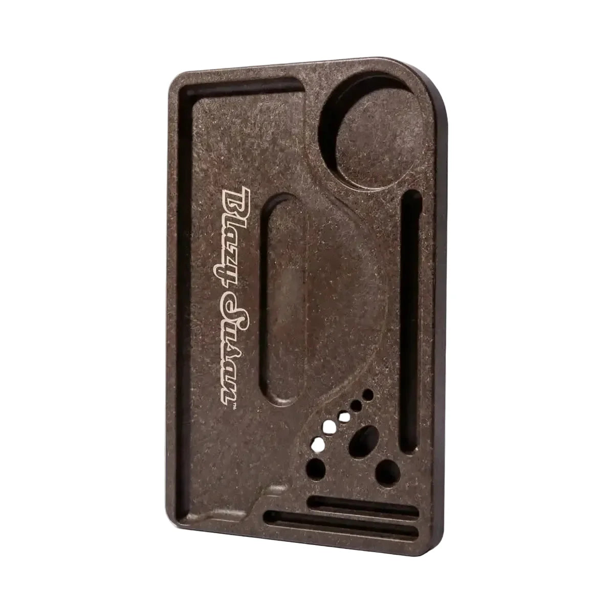 Hemp Plastic Rolling Tray with shaped recesses and slots, crafted from durable hemp plastic for organized setups, showcasing a compact, eco-friendly design.