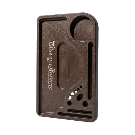 Hemp Plastic Rolling Tray with shaped recesses and slots, crafted from durable hemp plastic for organized setups, showcasing a compact, eco-friendly design.