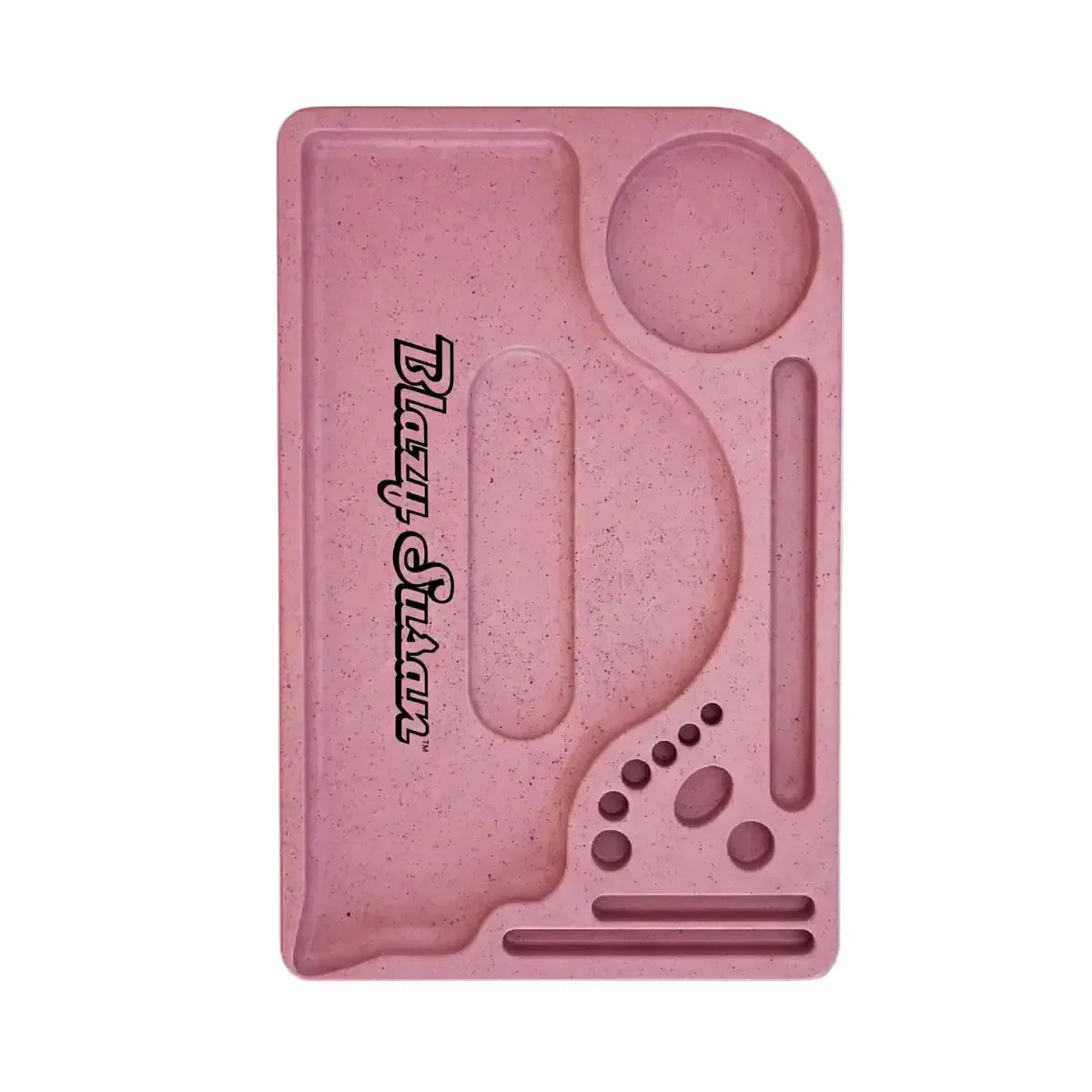 Hemp Plastic Rolling Tray with compartments for organizing smoking tools, featuring durable, biodegradable hemp construction. Branded Blazy Susan for eco-conscious, practical use.