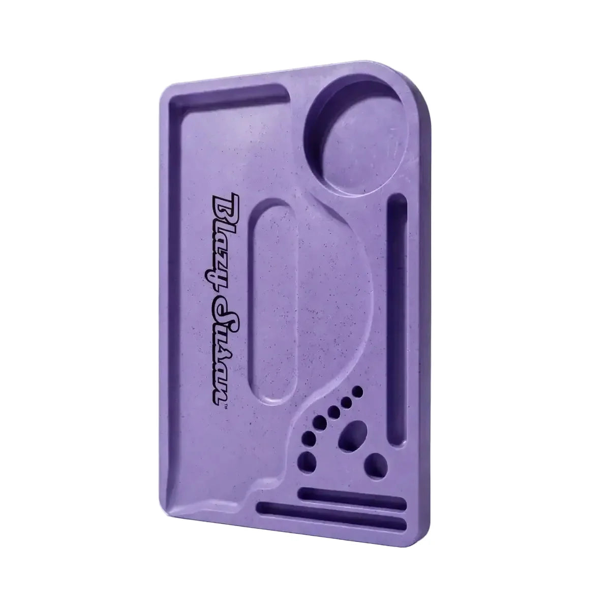 Purple hemp plastic rolling tray with multiple compartments for organizing herbs, featuring durable, biodegradable construction and an eco-friendly design.