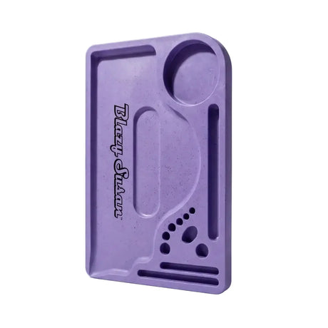 Purple hemp plastic rolling tray with multiple compartments for organizing herbs, featuring durable, biodegradable construction and an eco-friendly design.