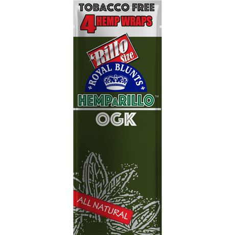 Hemparillo Wraps - OG Kush - Carton of 15, featuring text and logo elements, emphasizing bold, natural hemp wraps for a rich smoking experience.