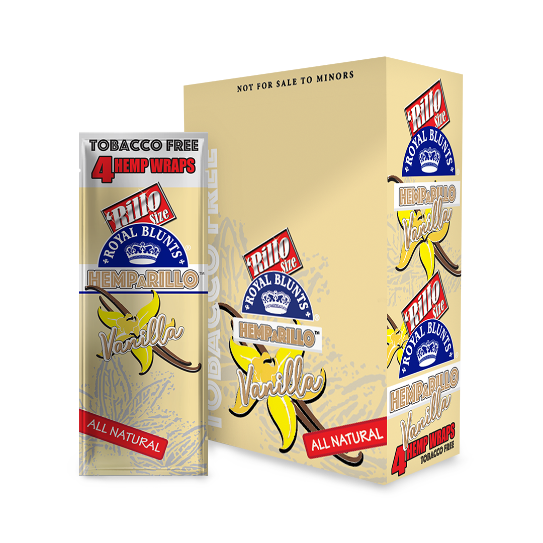 Hemparillo Wraps - Vanilla - Carton of 15, featuring a package of hemp wraps with smooth vanilla flavor, tobacco- and nicotine-free, ideal for smoke shops.