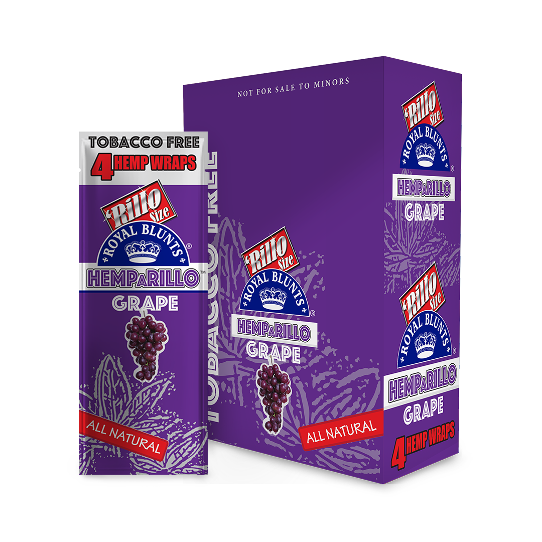 Hemparillo Wraps - Grape - Carton of 15, featuring a purple can design with grape imagery, indicating bold grape-flavored, all-natural hemp wraps.