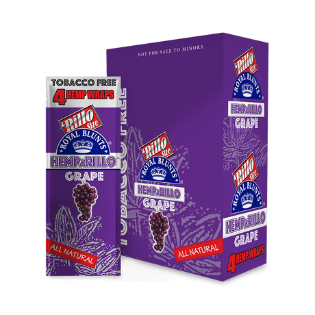 Hemparillo Wraps - Grape - Carton of 15, featuring a purple can design with grape imagery, indicating bold grape-flavored, all-natural hemp wraps.