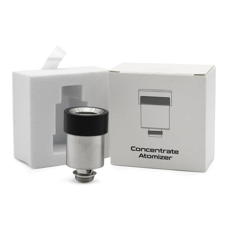 Close-up of a Wax Atomizer Replacement for Ripper E Rig, featuring a metal cylinder and black and silver tape, in foam packaging with a vented box.