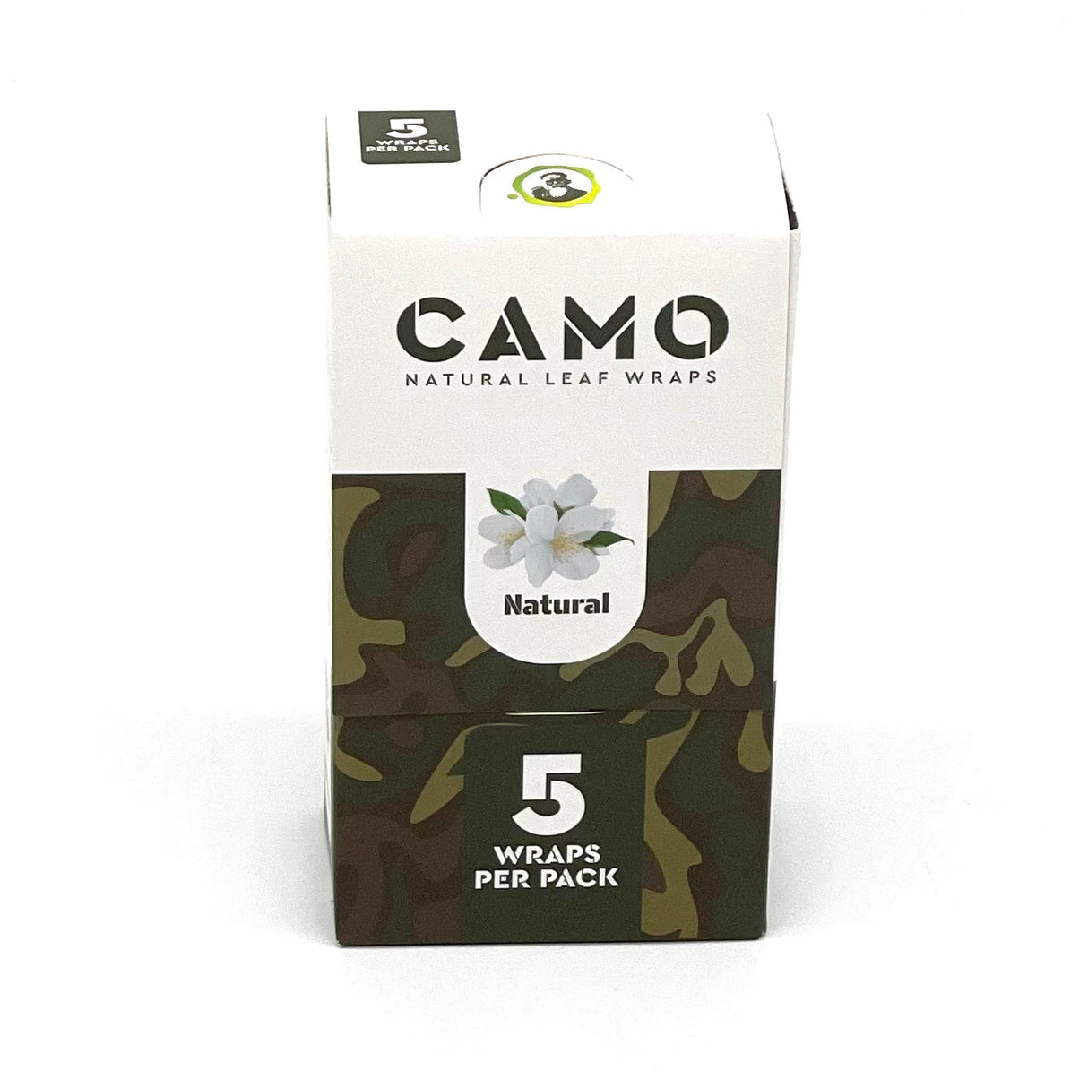 Chamomile Wraps - Natural - Carton of 25 packs, featuring camouflage-themed packaging and a close-up of the logo on a sleek, black background.