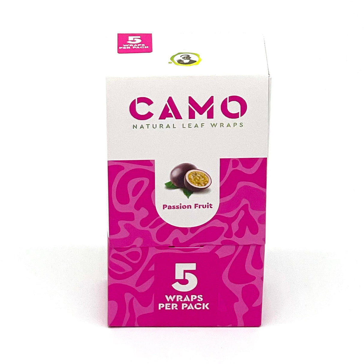 Chamomile Wraps - Passionfruit - Carton of 25. Close-up of fruit and packaging showcasing chamomile-based, nicotine-free wraps, emphasizing smooth, slow-burning experience.