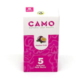 Chamomile Wraps - Passionfruit - Carton of 25. Close-up of fruit and packaging showcasing chamomile-based, nicotine-free wraps, emphasizing smooth, slow-burning experience.