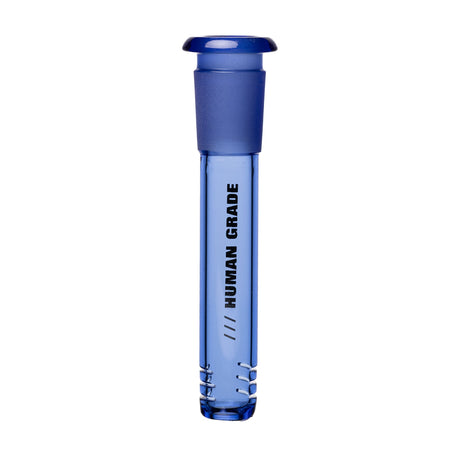 Blue-tinted glass downstem with HUMAN GRADE embossing, featuring a 14mm ground-glass joint and slits for diffusion, designed for water pipe compatibility.