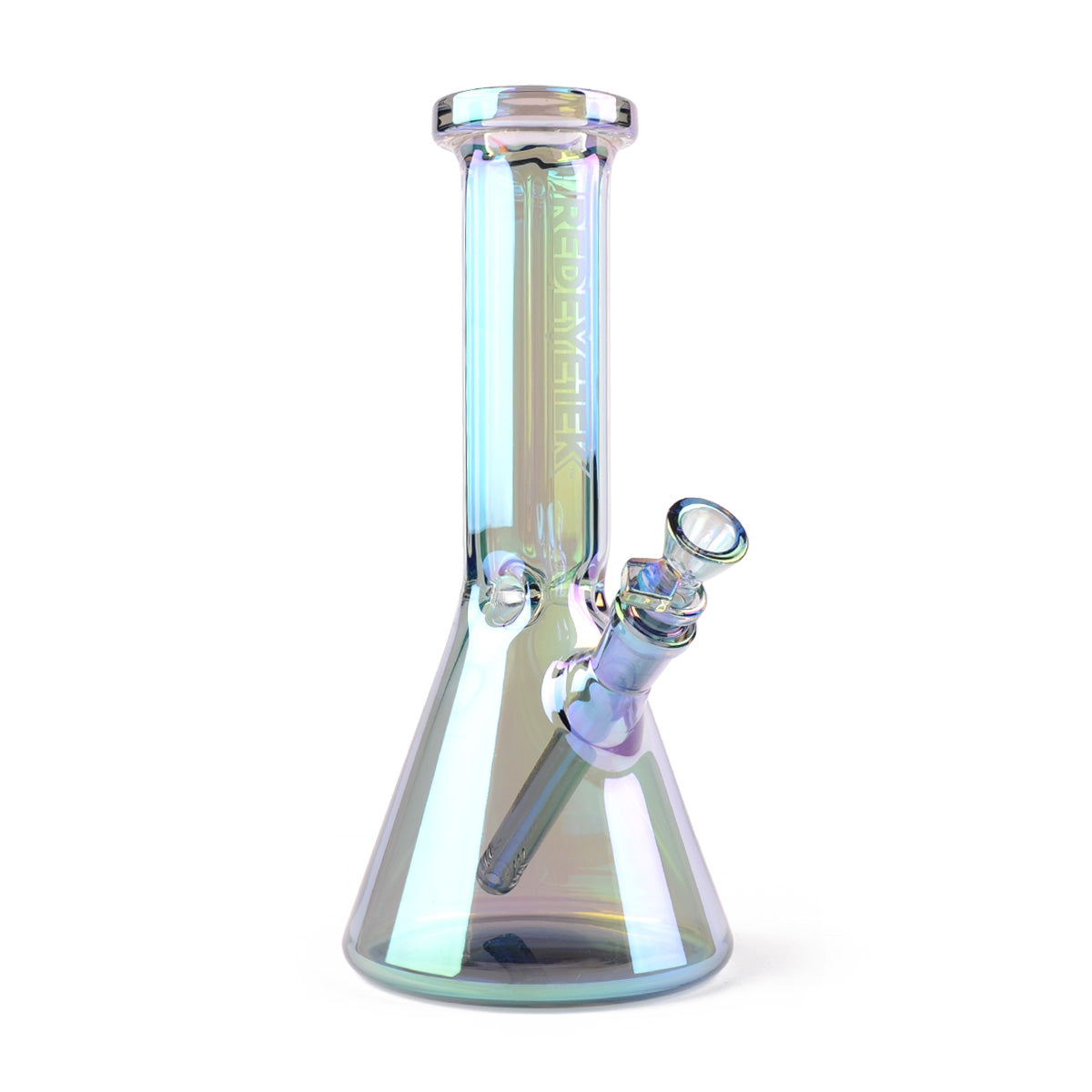 10 Tall Terminator Hex Top Beaker Bong with iridescent finish, wide conical base, straight tube, removable downstem, and hexagonal neck for stability and style.