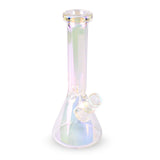 12 Tall Terminator Hex Top Beaker Tube - Rainbow Metallic, featuring a hexagonal neck, beaker base, and iridescent finish, designed for smooth hits and visual appeal.