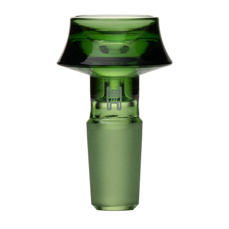 Cauldron Flower Bowl - 14mm: A green-tinted glass bowl slide with a male joint, featuring a unique cauldron design, made from durable borosilicate glass for water pipes.