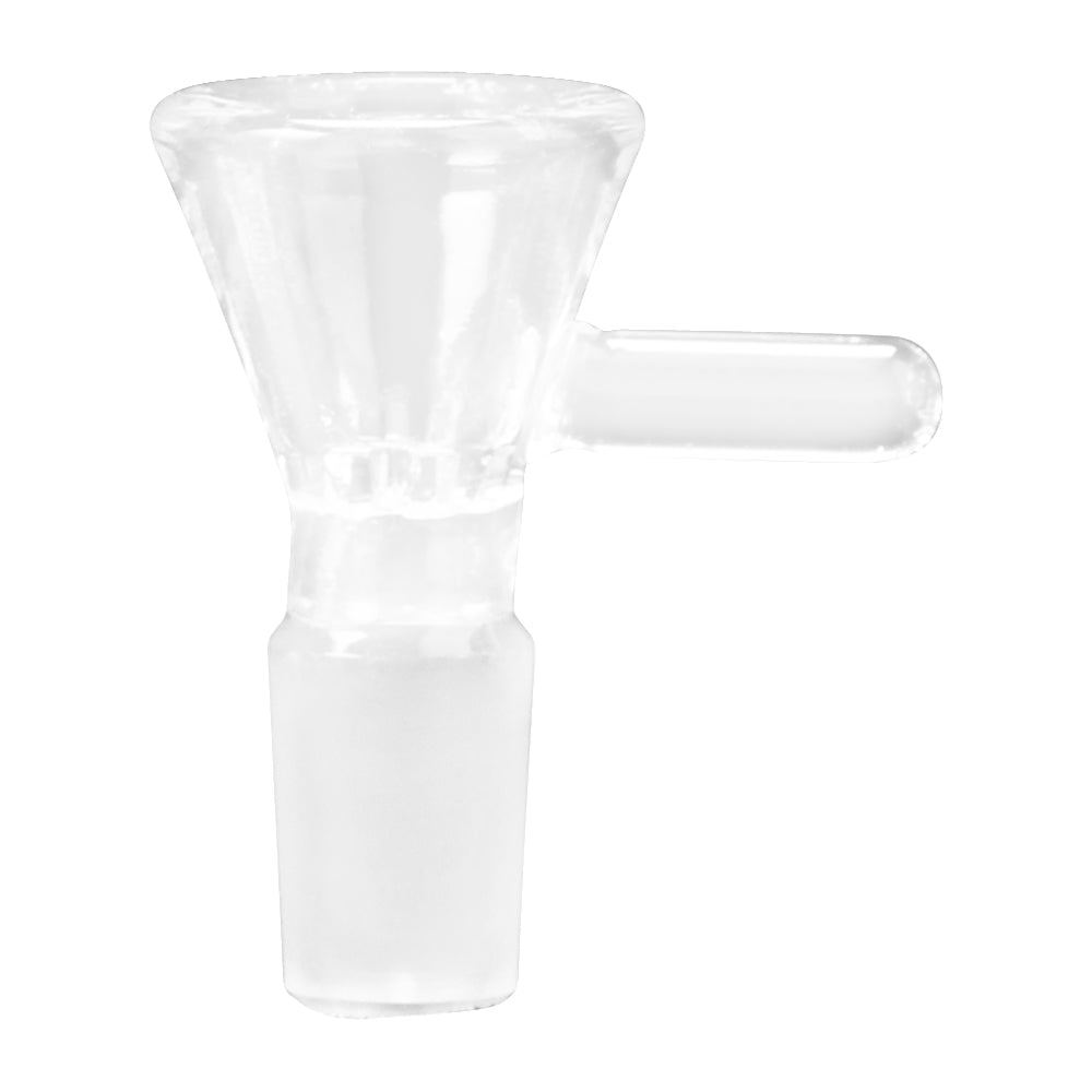 14mm Classic Bowl: Clear glass funnel-shaped attachment with side handle and frosted stem, crafted from durable borosilicate glass for reliable use in water pipes.