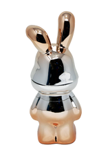 Grinder - Lost Bunny: A chrome-silver and rose-gold stack-assembled rabbit figurine, sleek and reflective, blending modern design with functionality for organized material handling.