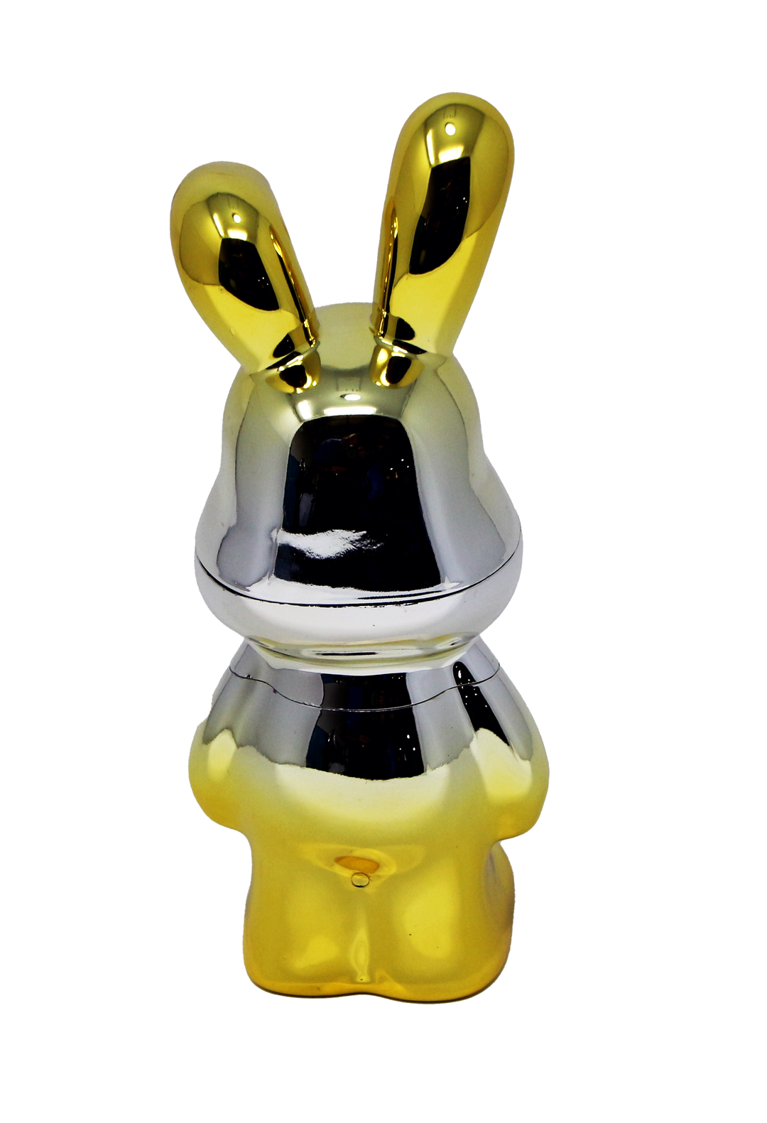 Lost Bunny Grinder: A glossy rabbit-shaped figurine with alternating gold and silver sections, compact design, and polished chrome finish, ideal for organized material handling.