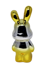 Lost Bunny Grinder: A glossy rabbit-shaped figurine with alternating gold and silver sections, compact design, and polished chrome finish, ideal for organized material handling.