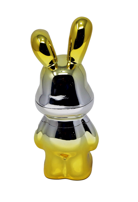 Lost Bunny Grinder: A glossy rabbit-shaped figurine with alternating gold and silver sections, compact design, and polished chrome finish, ideal for organized material handling.