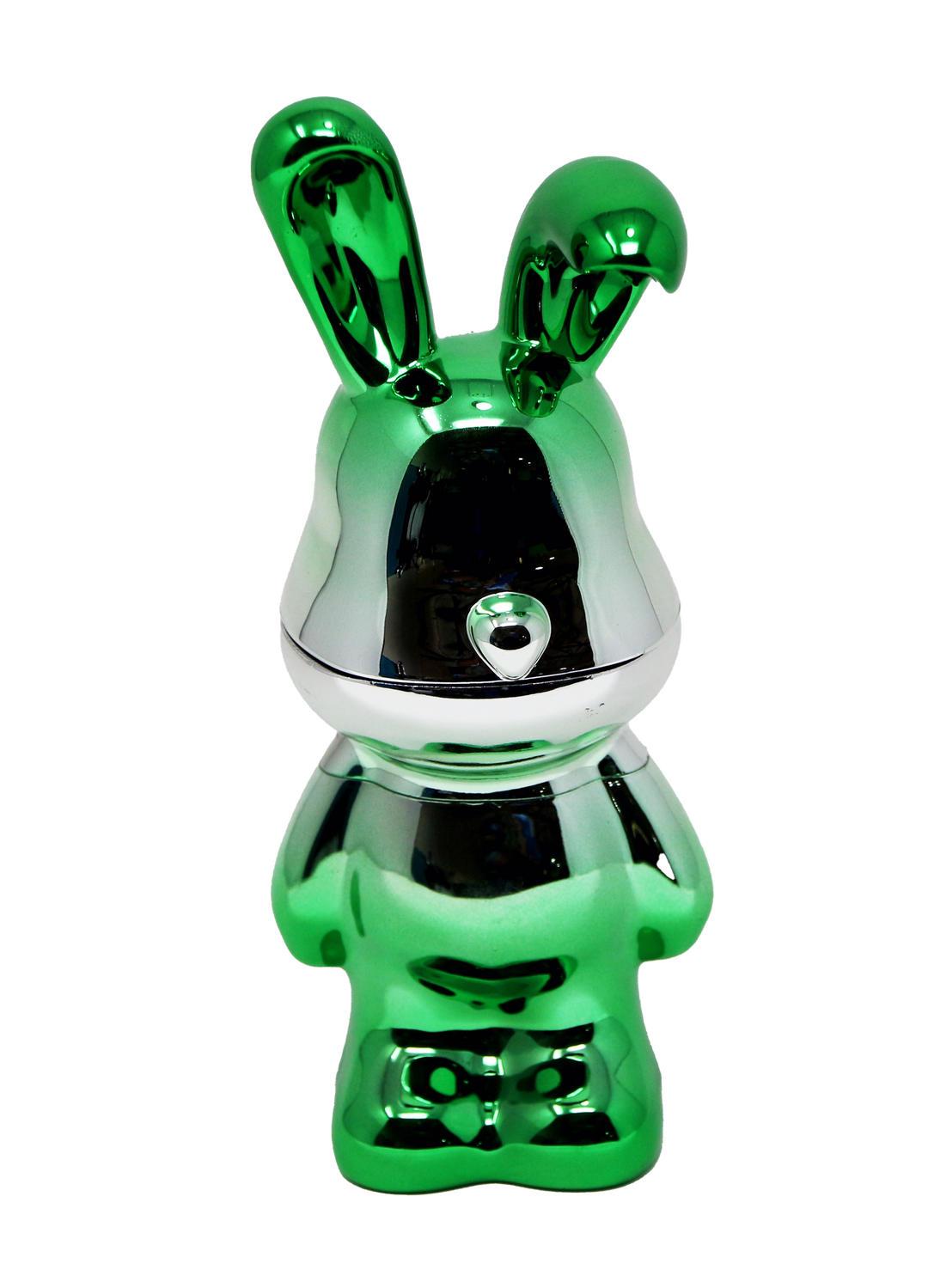 Grinder - Lost Bunny: A small, metallic-green figurine with rabbit-like ears, polished chrome finish. Compact and durable, ideal for display and functional use.