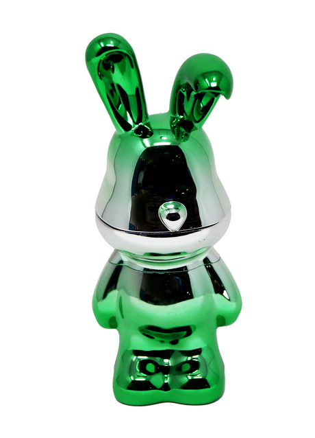 Grinder - Lost Bunny: A small, metallic-green figurine with rabbit-like ears, polished chrome finish. Compact and durable, ideal for display and functional use.