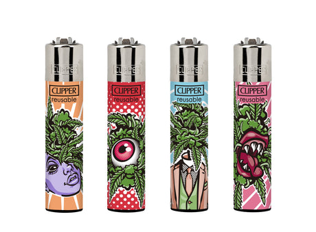 Classic Large Lighters Out Of Weed - Tray of 48 features four reusable butane lighters with vibrant, surreal plant-themed designs, each including a packing tool.
