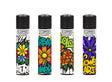 Classic Large Lighters Urban Flowers - Tray of 48, featuring four refillable lighters with graffiti-inspired floral designs, emphasizing reusability with replaceable parts.