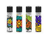 Classic Large Lighters Urban Flowers - Tray of 48, featuring four refillable lighters with graffiti-inspired floral designs, emphasizing reusability with replaceable parts.