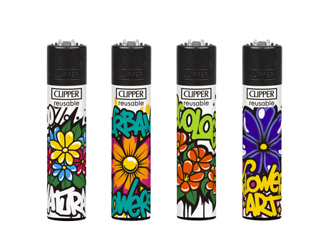 Classic Large Lighters Urban Flowers - Tray of 48, featuring four refillable lighters with graffiti-inspired floral designs, emphasizing reusability with replaceable parts.