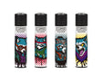 Classic Large Lighters Racoons - Tray of 48 featuring reusable Clipper lighters with cartoon raccoon designs, including cool, ninja, sci-fi, and bandana styles.