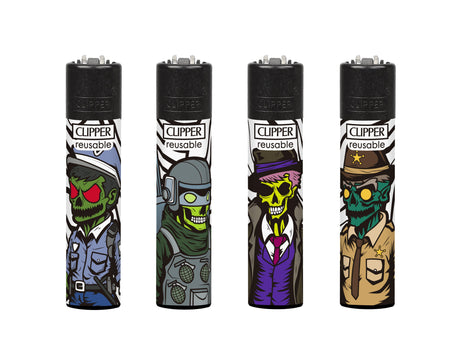 Classic Large Lighters Zombie Force - Tray of 48 featuring reusable Clipper lighters with unique zombie designs, including police, military, gangster, and sheriff themes.