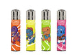 Classic Large Lighters Dino Sports - Tray of 48, featuring colorful Clipper lighters with cartoon dinosaurs playing basketball, baseball, soccer, and American football.