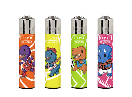Classic Large Lighters Dino Sports - Tray of 48, featuring colorful Clipper lighters with cartoon dinosaurs playing basketball, baseball, soccer, and American football.