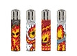 Classic Large Lighters Burningman - Tray of 48, featuring four refillable lighters with flame-themed cartoon graphics, metal tops, and Clipper reusable branding for sustainable use.