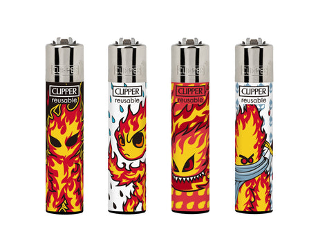 Classic Large Lighters Burningman - Tray of 48, featuring four refillable lighters with flame-themed cartoon graphics, metal tops, and Clipper reusable branding for sustainable use.