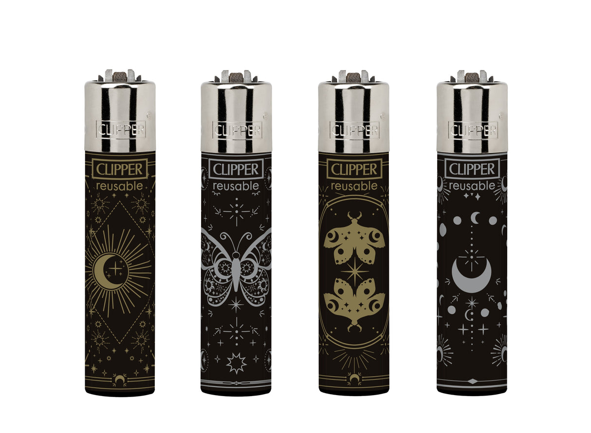 Classic Large Lighters Space Area 4 - Tray of 48, featuring refillable Clipper lighters with celestial and nature motifs in glossy black and silver designs.