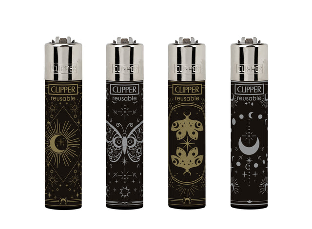 Classic Large Lighters Space Area 4 - Tray of 48, featuring refillable Clipper lighters with celestial and nature motifs in glossy black and silver designs.