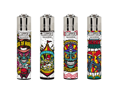 Classic Large Lighters Horror days 2 - Tray of 48 featuring refillable Clipper lighters with horror-circus themed designs, including clowns and skulls.