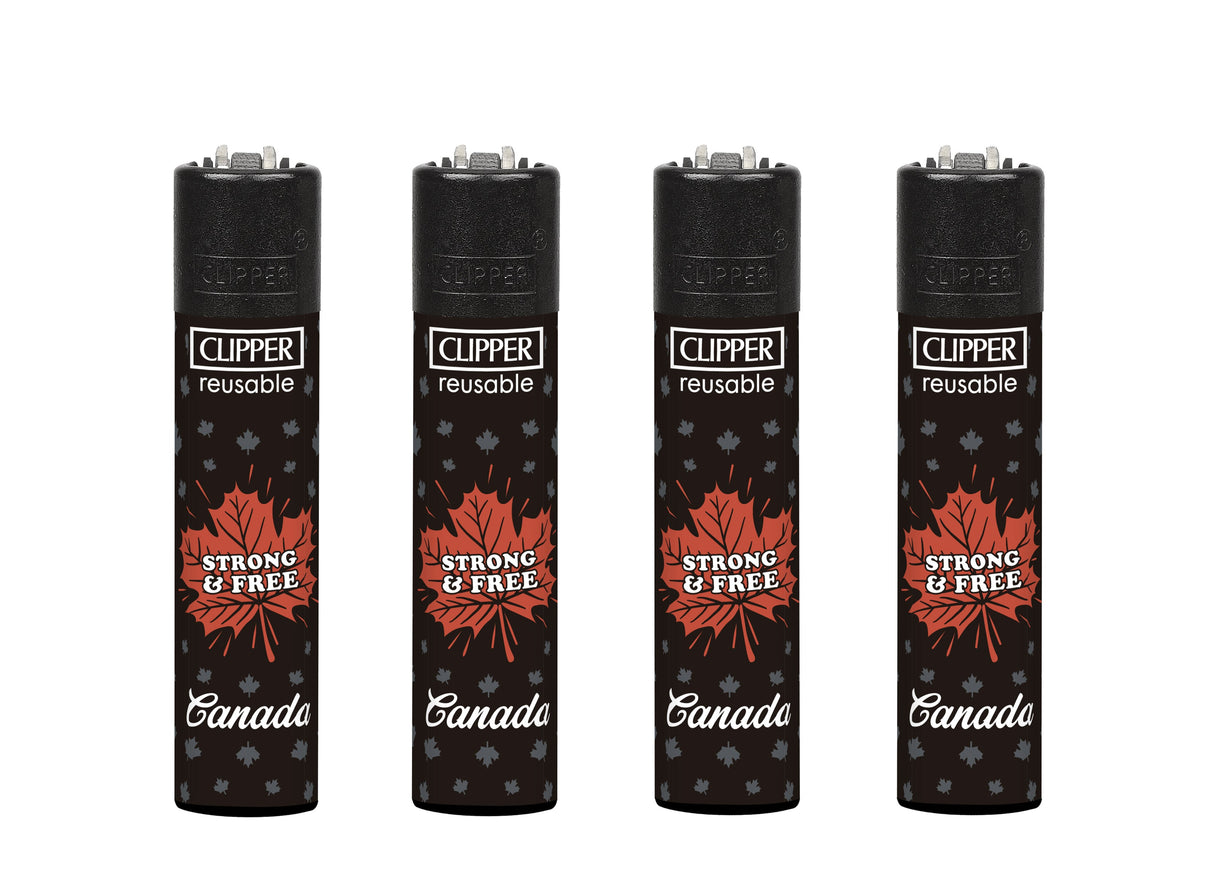 Classic Large Lighters - Canada Strong and Free - Tray of 48, featuring refillable black lighters with grey and red maple leaf designs, emphasizing durability and functionality.