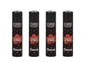 Classic Large Lighters - Canada Strong and Free - Tray of 48, featuring refillable black lighters with grey and red maple leaf designs, emphasizing durability and functionality.