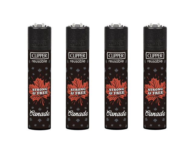 Classic Large Lighters - Canada Strong and Free - Tray of 48, featuring refillable black lighters with grey and red maple leaf designs, emphasizing durability and functionality.